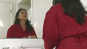 Seeing herself close by the mirror made the Asian of age roasting and close by need of a hard cock. Because she`s all alone this bitch will should handle it herself but luckily she has a dildo close by the drawer. That babe strips and plays with these epi
