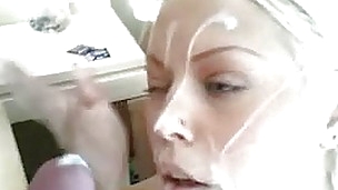 This hot blonde is stroking a long hard wang and using her face hole to give a sloppy blowjob. Her partner strokes his wang and spurts a biggest load of creamy goo all over her bewitching face. Check into he blows, she sucks the remaining cum out of his w